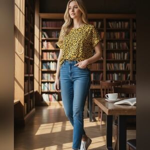 Bellina Cow Patch SS Yellow Black & White Blouse XS